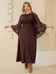 Roveilla Plus Size Women Dark Color Slimming Lace Back Drape Elegant Lady Party Banquet Dress - Brown - View 8