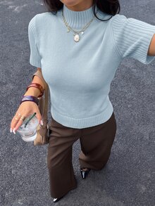 Siren Gaze 女款素色高領短袖針織上衣毛衣 全季新年夏季休閒端莊教師節辦公穿搭 - 淺藍色 - 查看 3