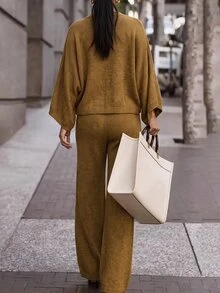 Louniche Autumn/Winter New Elegant Casual Mustard Yellow Twisted Rope Texture Shoulder Batwing Sleeve Short Top Straight Leg Long Pants Daily Commute Women's Fashion Knit Pullover Sweater Two Pieces Set - Yellow - View 2
