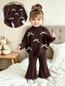 SHEIN Playful Pals Baby Girls Infant (Girl) Fall Winter Casual T-Shirt 2pcs Set Front Black Ribbon Bow Design Asymmetrical Pullover High Neck Knitted Ribbed Brushed - Brown - View 1