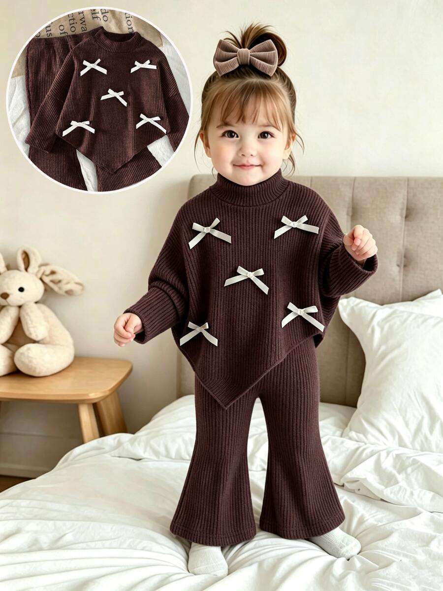 SHEIN Playful Pals Baby Girls Infant (Girl) Fall Winter Casual T-Shirt 2pcs Set Front Black Ribbon Bow Design Asymmetrical Pullover High Neck Knitted Ribbed Brushed - Brown - View 1
