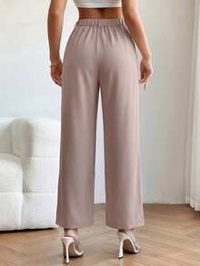 SHEIN PETITE High Waist Plicated Detail Straight Leg Black Pants - Khaki - View 2