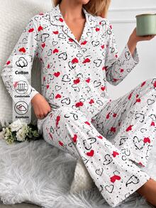 SHEIN Women 2 Pcs Button Front Hearts Pattern Homewear Cute Long Sleeve Pjm Set Sleep Shirt+Pants - Multicolor - View 1
