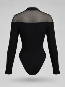 Balvessa Sheer Mesh Patchwork Half Turtleneck Ribbed Knit Bodysuit, Elastic Shaping Slim Fit Long Sleeve Bodysuit, Suitable For Daily Commute, Business Meeting, Dinner Date, Bar, Party Photo Op, Light Hot Girl Style, Autumn/Winter Layering Base - Black - View 7