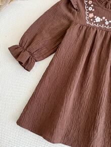 Baby Girl Ruffle Collar Floral Print Long Sleeve Casual Sweet Dress - Coffee Brown - View 6