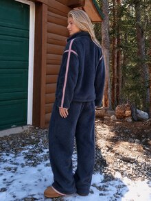 Livesso Women's Dropped Shoulder Long Sleeve Zipper Half-Placket Top And Pants Pajama Set - Navy Blue - View 2