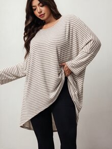 Enliva Plus Size Striped Long Sleeve Tunic Tee With Side Slit Apple - Khaki - View 6