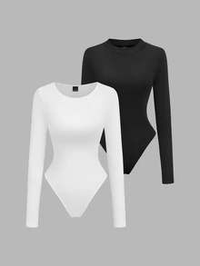 Flirla Casual Minimalist All-Match Commute Thermal Lined Versatile Round Neck Stand Collar 2 Pieces Set Black White Women's Bodysuit Everyday Fall - Multicolor - View 3
