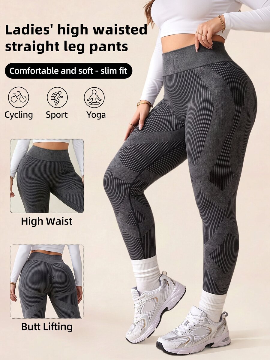 SHEIN Plus Size Women's High Waist Butt Lifting Sports Leggings - Black - View 1