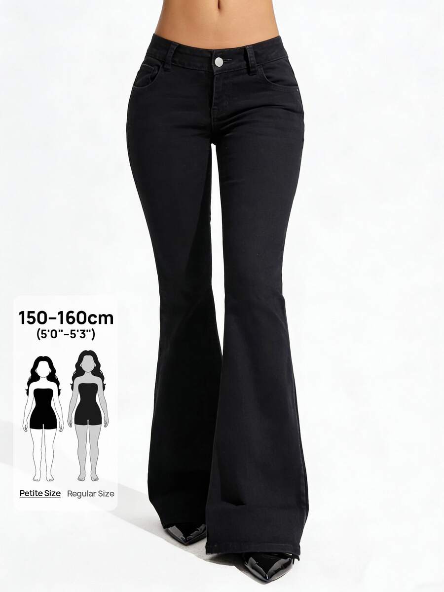 SHEIN PETITE Celana Denim Flare Kasual Serbaguna untuk Wanita - Hitam - View 1