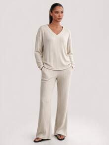 SHEIN BASICS Women's Solid Color V-Neck Long Sleeve Top And Pants Casual Daily 2 Pieces Set - Apricot - View 13