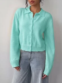 SHEIN BASICS 休閒素色長袖寬鬆短版女款開襟針織衫 秋季外套 返校季 校外穿搭 淡黃色 教師 辦公室 日常 - 薄荷綠 - 查看 8