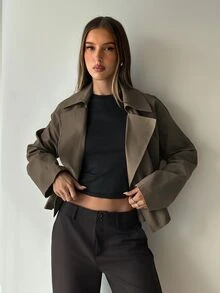 Aloruh Women's Solid Color Lapel Neck Double-Breasted Casual Trench Coat Jacket - Mocha Brown - View 3
