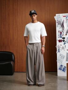 TOKVUE Men's Solid Color Pleated Wide Leg Loose Casual Long Pants - Gray green - View 3