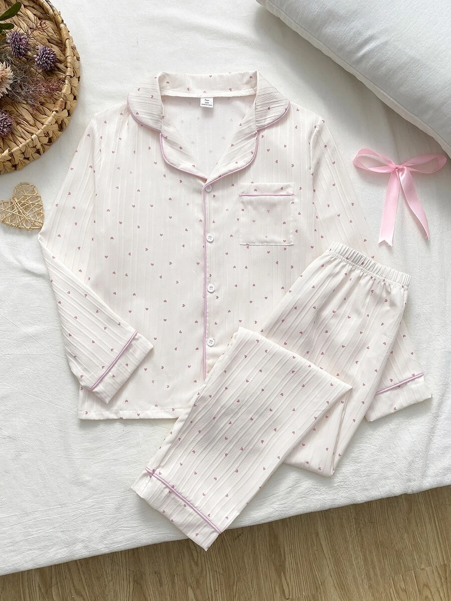 Girls' Elegant Beautiful White & Pink Heart Pattern Casual Comfortable Long Sleeve Pants 2 Pieces Loungewear Set - White - View 1