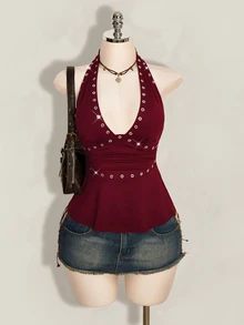 SHEIN ICON 萬聖節女款掛脖露背黑色娃娃裝背心 - 酒紅色 - 查看 4