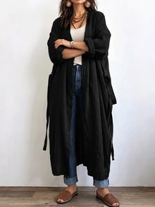 Linhara CURVE Jaket Linen Panjang Kasual Wanita, Pakaian Luar Kasual untuk Jalan-jalan dan Berpergian - Hitam - View 6