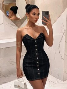 Slaydiva فستان جينز نسائي ضيق بدون أكمام بصف واحد من الأزرار بتصميم عصري - الأزرق - مشاهدة 1