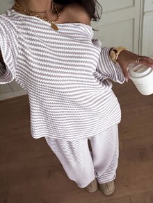 Siren Gaze 女款秋季休閒條紋不對稱領 T 恤長褲兩件套，返校外出 Y2K 基本街頭風健身運動萬聖節健身服 - 淡紫色 - 查看 6