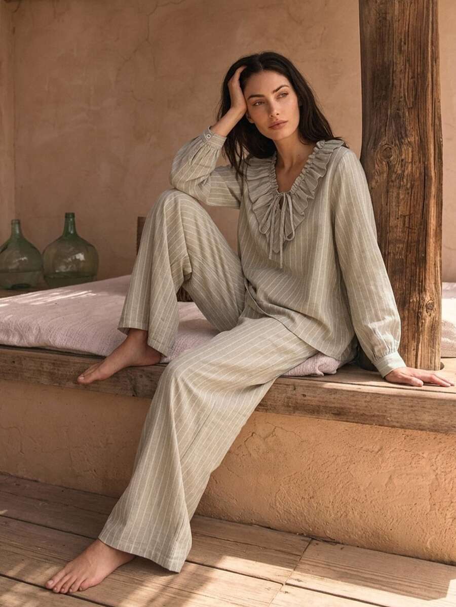 Livesso Women's Ruffle Collar Front Tie Long Sleeve Top And Pants Pajama Set - Khaki - View 1
