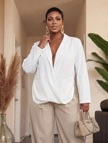 Slaydiva New Design Elegant Commute Grey-Purple Drape Lapel No-Button Casual Blazer Plus Size - White - View 10