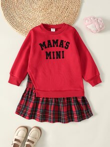 SHEIN 女童紅色拼接大學風運動衫洋裝，復古時尚百搭休閒日常穿搭，適合聖誕節、新年、聖誕派對洋裝、聖誕洋裝、聖誕禮物 - 紅色 - 查看 5