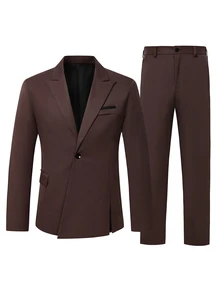Manfinity Mode Setelan Jas Pria Lengan Panjang dan Celana Panjang Warna Polos Mewah untuk Bisnis, 2 Potong - Coklat - View 3