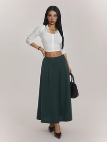 SHEIN PETITE Women's Solid Color Pleated Design Elegant Commuter Skirt - Green - View 5