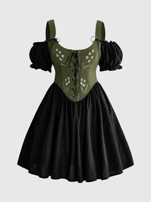 ROMWE Fairycore Plus Size Women's Floral Embroidered Pattern Pleated Mori Style Pastoral Party Dress - Black - View 1