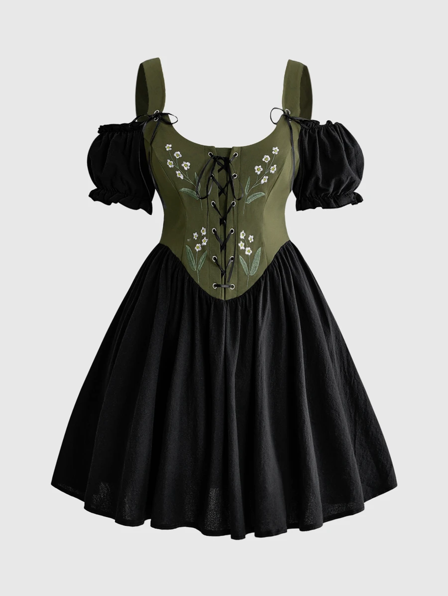 ROMWE Fairycore Plus Size Women's Floral Embroidered Pattern Pleated Mori Style Pastoral Party Dress - Black - View 1