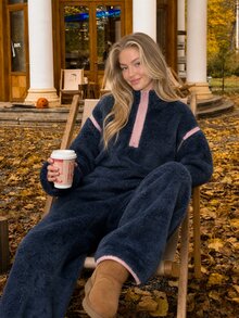Livesso Women's Dropped Shoulder Long Sleeve Zipper Half-Placket Top And Pants Pajama Set - Navy Blue - View 11