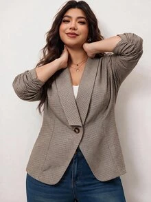 Enliva Plus Size Women's Plaid Blazer Single Button Notched Lapel Ruched Sleeve Office Casual Blazer Flattering Compatible With Apple Shape Rounded Body - Brown - View 6