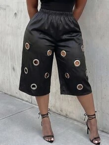 SHEIN CURVE+ US22 Plus Size Women's Street Hip-Hop Style Perforated PU Material Fashion Capri Pants, Autumn/Winter - Black - View 6