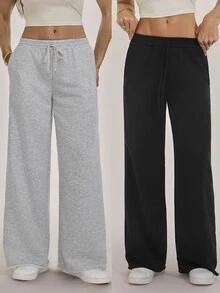 SHEIN Tall بنطال رياضي نسائي كاجوال بلون موحد وساق واسعة 2 قطعة - متعدد الألوان - مشاهدة 1