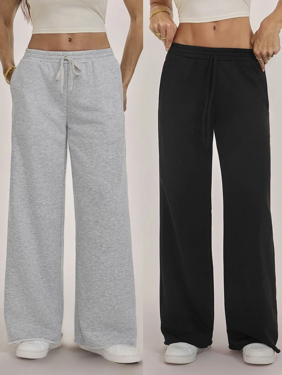 SHEIN Tall بنطال رياضي نسائي كاجوال بلون موحد وساق واسعة 2 قطعة - متعدد الألوان - مشاهدة 1