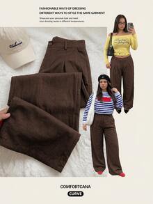 Comfortcana Plus Size Solid Color Button Casual Wide Leg Pants Graduation,Back To Schoo - Chocolate Brown - View 5