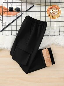 SHEIN 青少年男孩休閒百搭保暖內裡加厚工裝長褲，下身褲，適合秋冬、學校、家庭聚會、度假、派對，秋季穿搭，冬季 - 黑色 - 查看 3