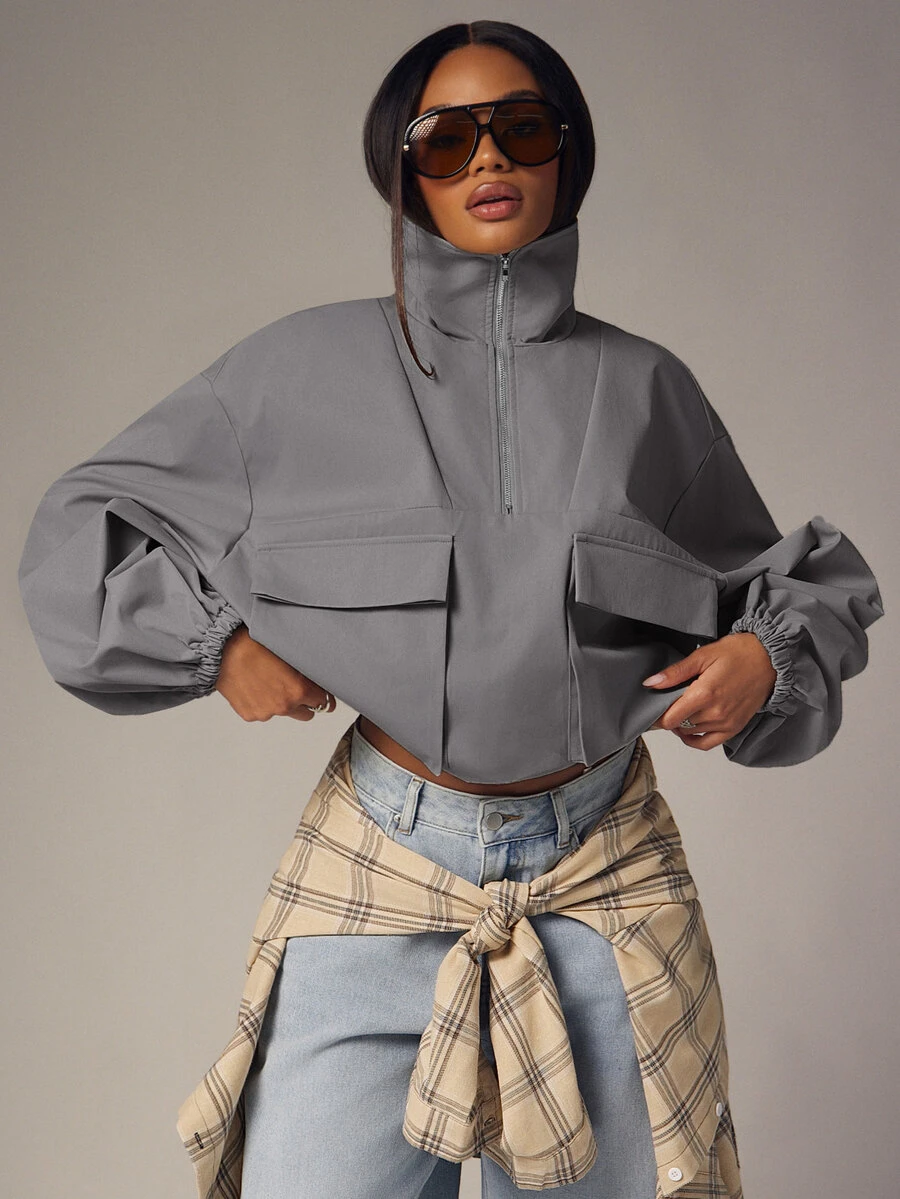 Denimoi High Neck Jacket Half Zip Oversized Flap Pockets Fall Fashion Streetwear Lightweight Jacket - Dark Grey - View 1