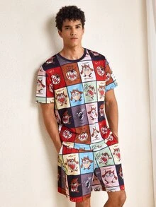 LOONEY TUNES X SHEIN Men's Cartoon Print Short-Sleeve Shirt And Shorts Loungewear Set - Multicolor - View 5