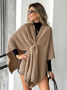 Pariaura Solid Color Elegant Versatile Slouchy Shawl Knit Top - Camel - View 1