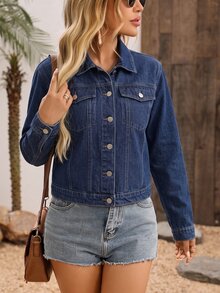 SHEIN 大尺碼女款夾克，白色休閒日常百搭度假外套 - 深色水洗藍 - 查看 5