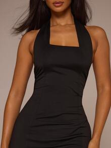 MUSERA Black Slinky Halterneck Mini Dress Autumn Winter Night Out Halloween Day To Eve - Black - View 6