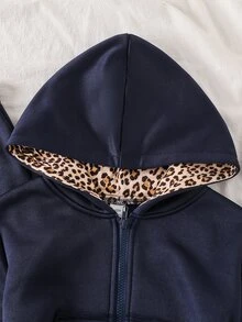 SHEIN Tween Girl Dark Grey Zip-Up Hooded Sweatshirt And Sweatpants Casual Set Kids - Navy Blue - View 7