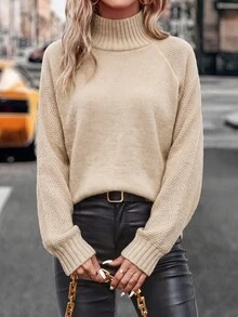 SHEIN 女款百搭羅紋拼接袖口套頭毛衣 - 米色 - 查看 7