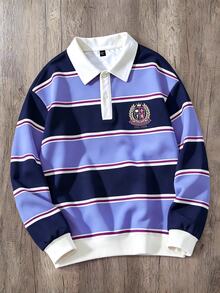 Manfinity Joysei Men's Striped Long Sleeve Polo Collar Casual Sweatshirt - Purple - View 1