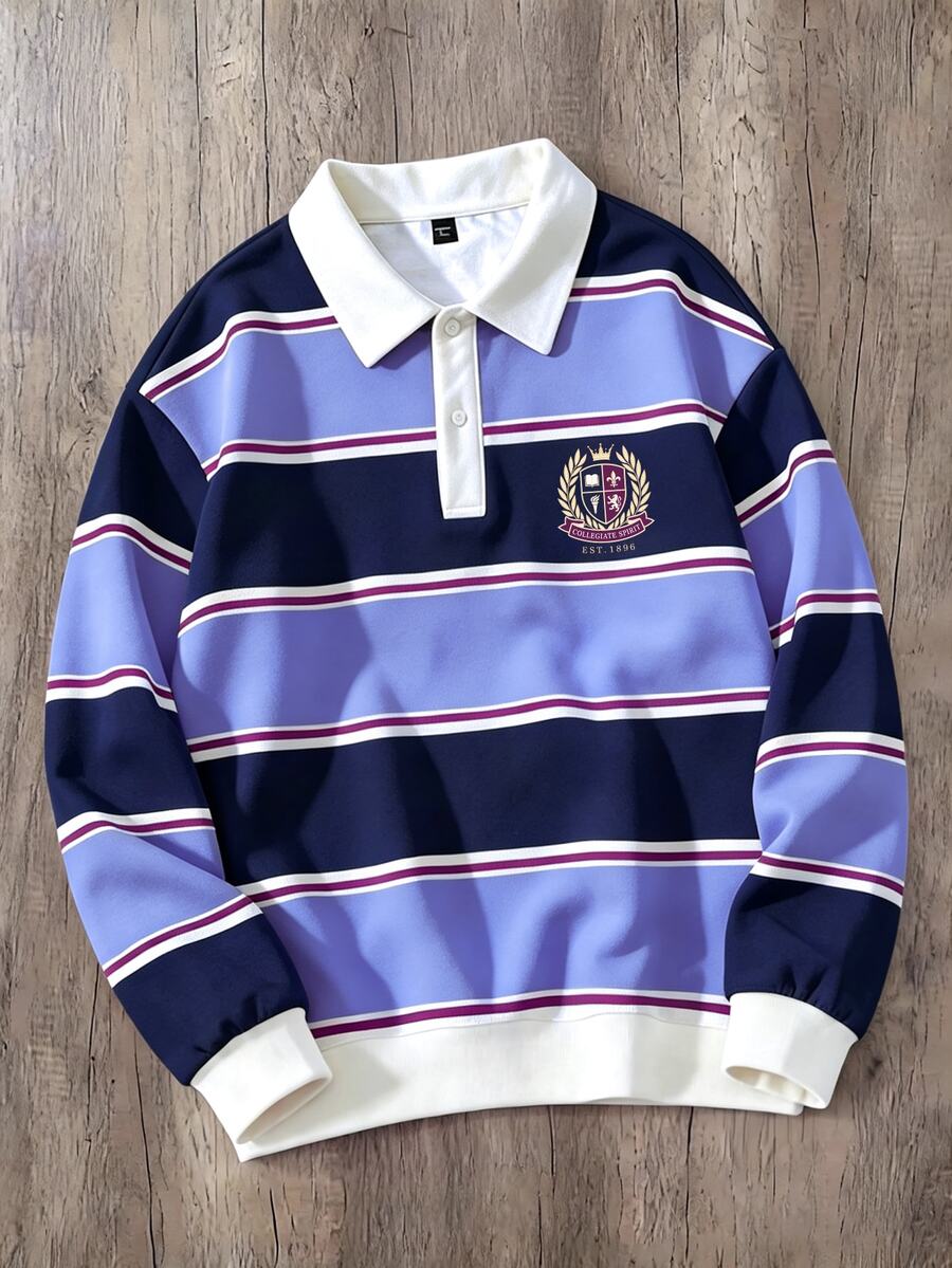 Manfinity Joysei Men's Striped Long Sleeve Polo Collar Casual Sweatshirt - Purple - View 1