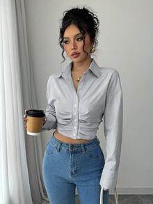 Elenzga 女款休閒條紋短版抓皺長袖襯衫，春夏秋冬女裝 - 淺灰色 - 查看 4