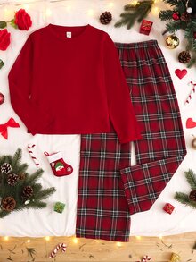 SHEIN 親子情侶/兄弟姊妹套裝 青少年女孩休閒簡約格紋修身圓領短袖長褲居家服 適合秋冬聖誕節聖誕派對 - 紅色 - 查看 2
