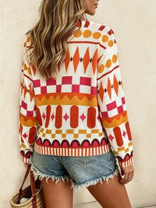 RIVANDRE Sweater Kasual Lengan Panjang Wanita dengan Motif Geometris, Leher V, dan Bahu Longgar - MultiWarna - View 2