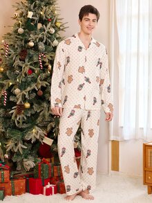 CoupledUp Men's Christmas Theme Gingerbread Man & Candy Cane Print Casual Polka Dot Loungewear Set - Multicolor - View 3